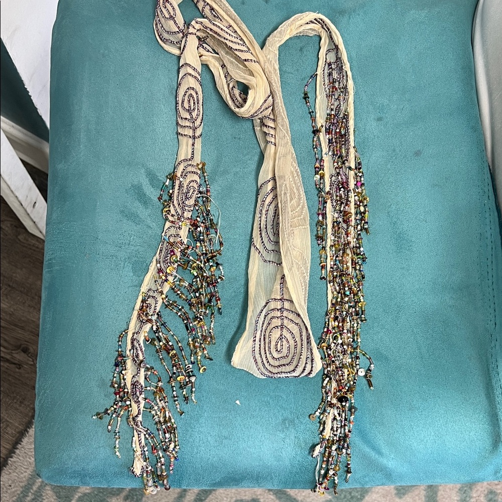 Beaded Cream and Multicolor Scarf